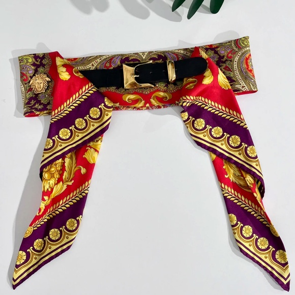 Vintage Gianni Versace Red & Gold Baroque Silk Belt with Medusa Medallions - Picture 3 of 8
